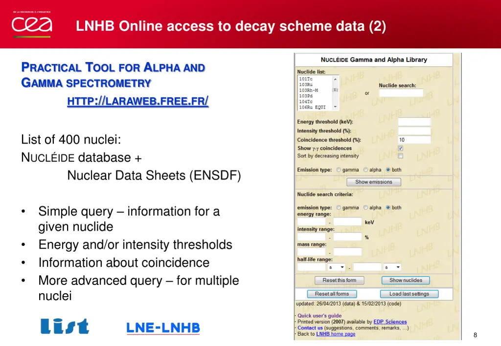 lnhb online access to decay scheme data 2