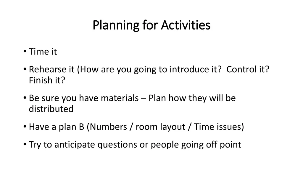 planning for activities planning for activities