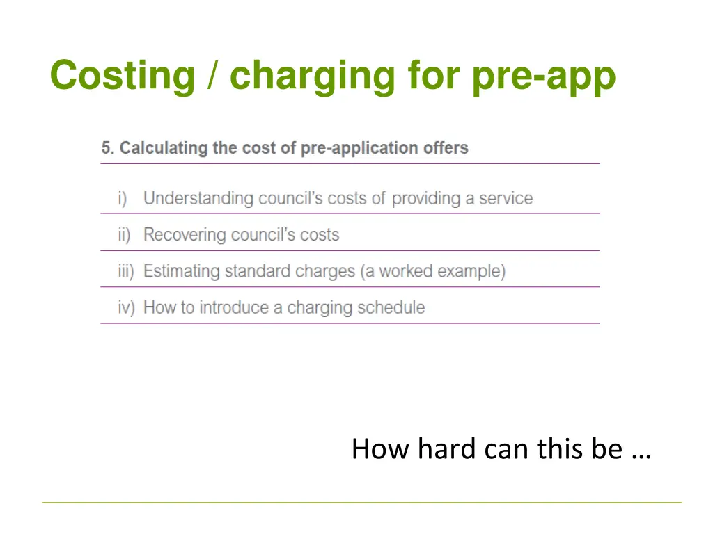 costing charging for pre app