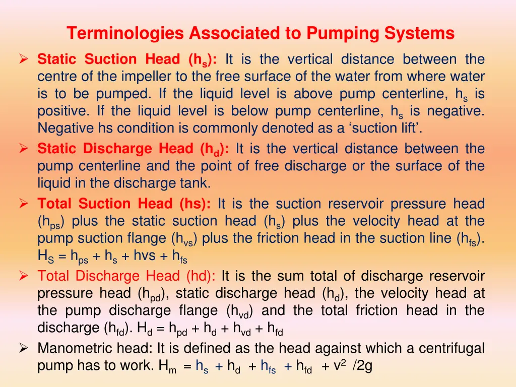 terminologies associated to pumping systems
