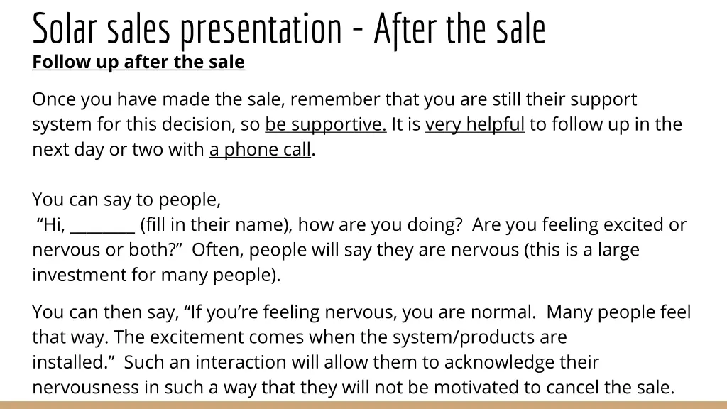 solar sales presentation after the sale follow