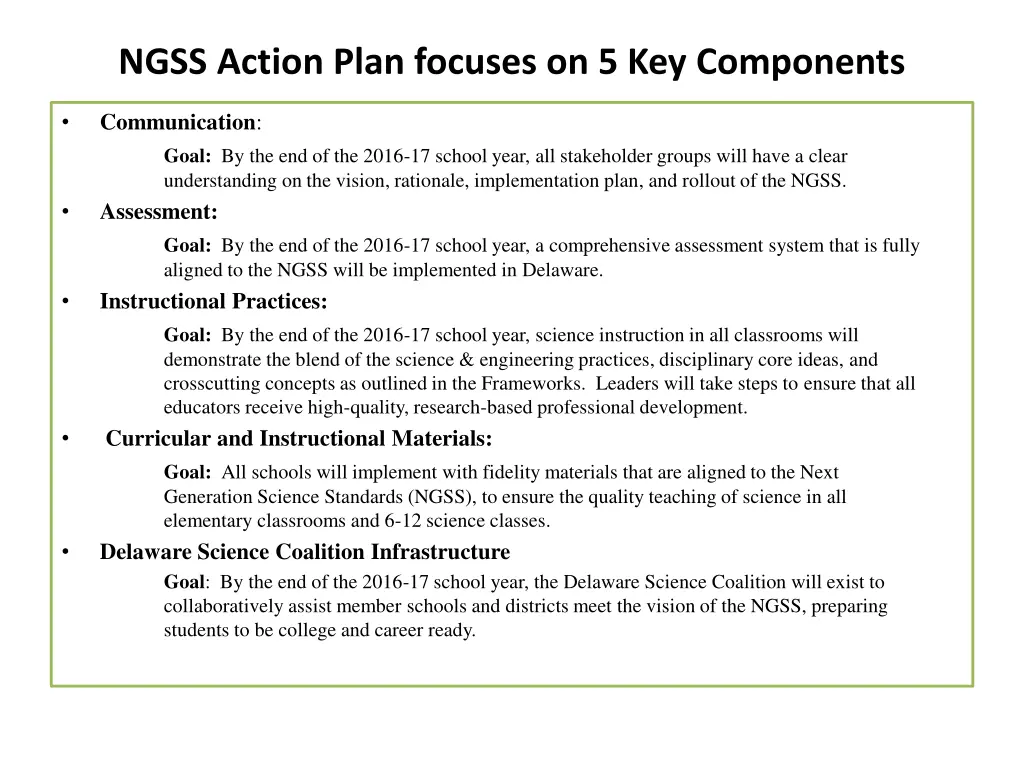 ngss action plan focuses on 5 key components