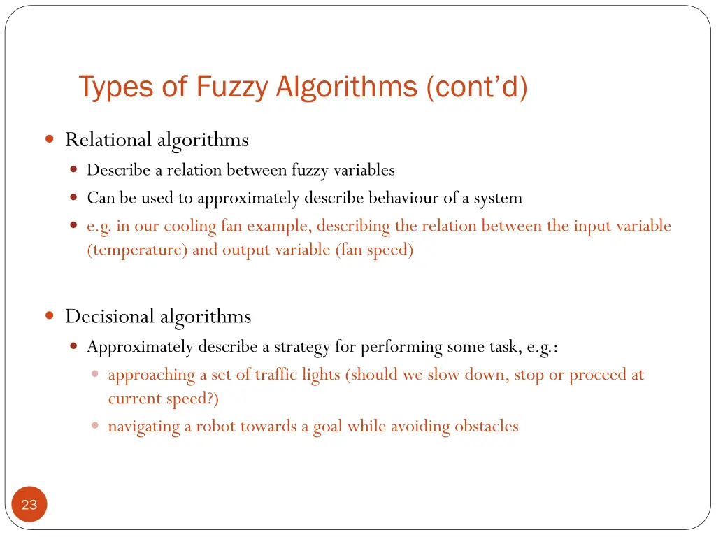 types of fuzzy algorithms cont d