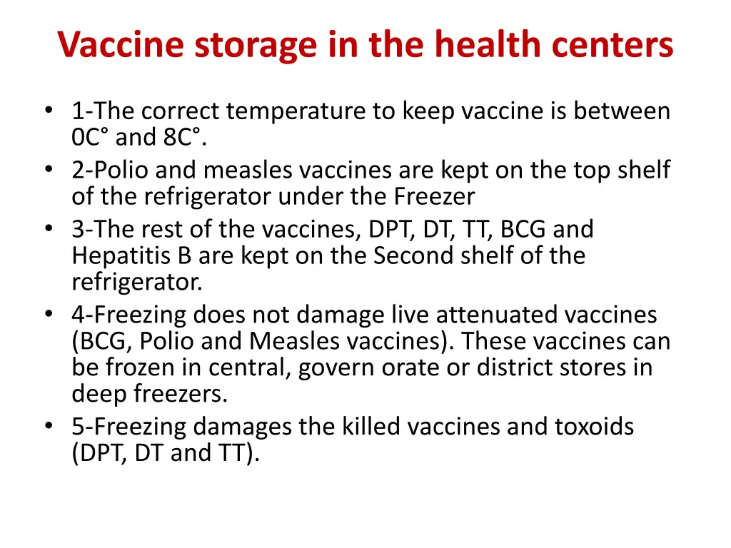 vaccine storage in the health centers