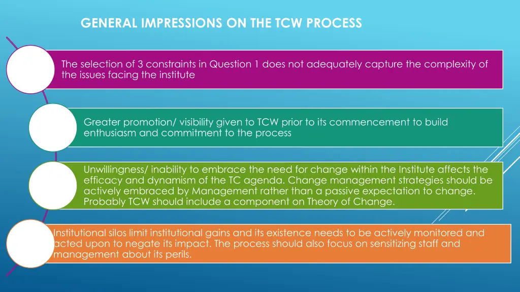 general impressions on the tcw process