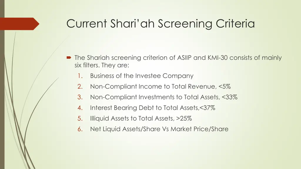 current shari ah screening criteria