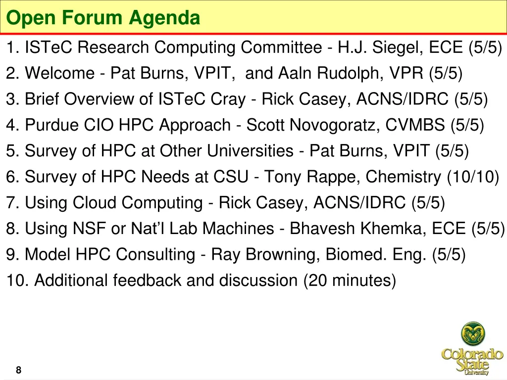 open forum agenda 1 istec research computing