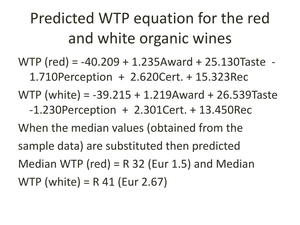 predicted wtp equation for the red and white