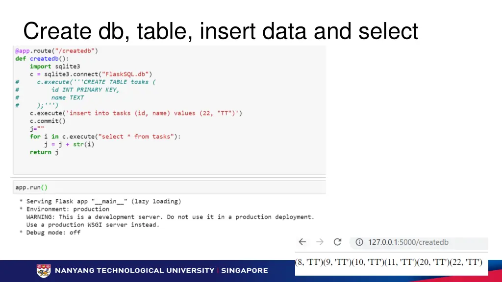 create db table insert data and select