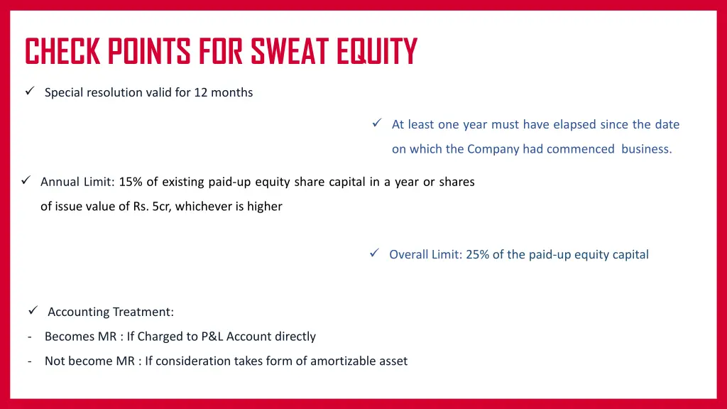 check points for sweat equity