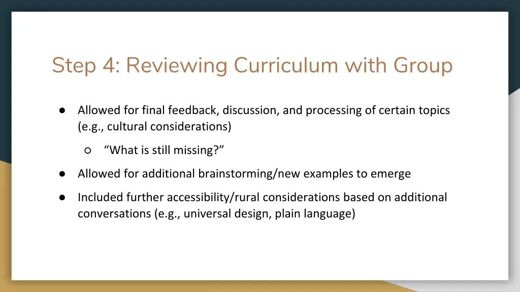 step 4 reviewing curriculum with group