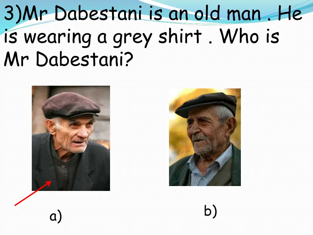 3 mr dabestani is an old man he is wearing a grey