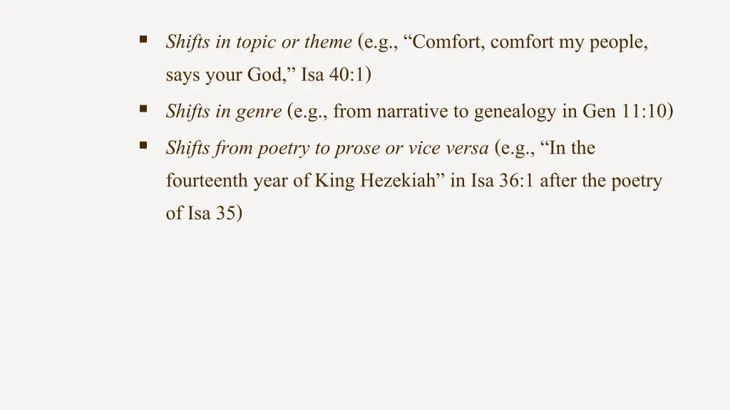shifts in topic or theme e g comfort comfort