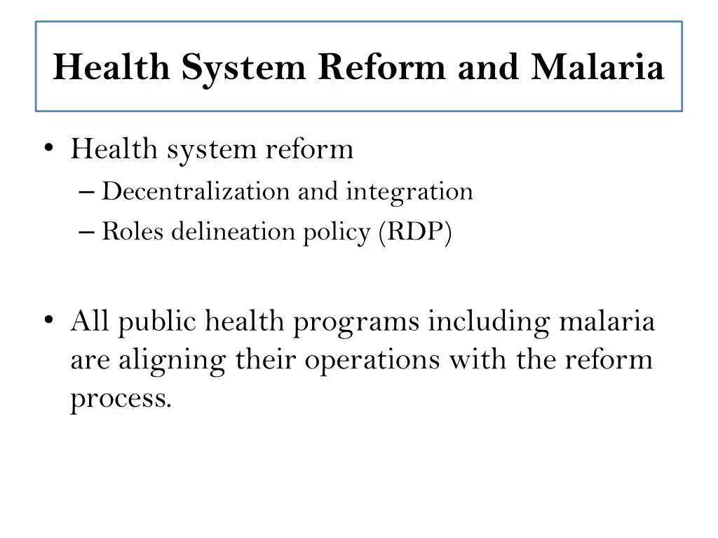 health system reform and malaria