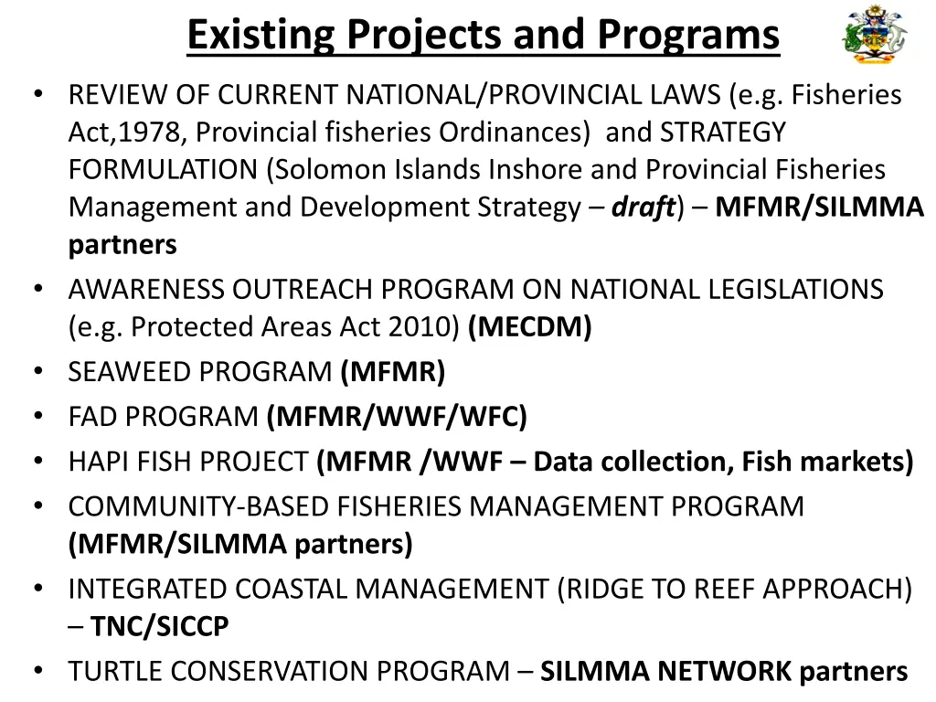 existing projects and programs