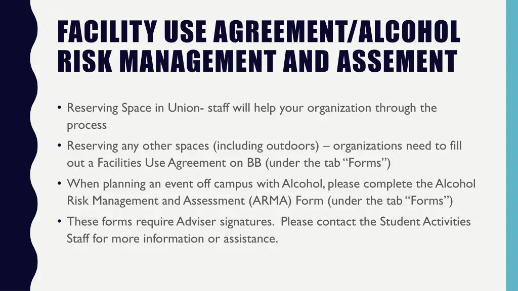 facility use agreement alcohol risk management