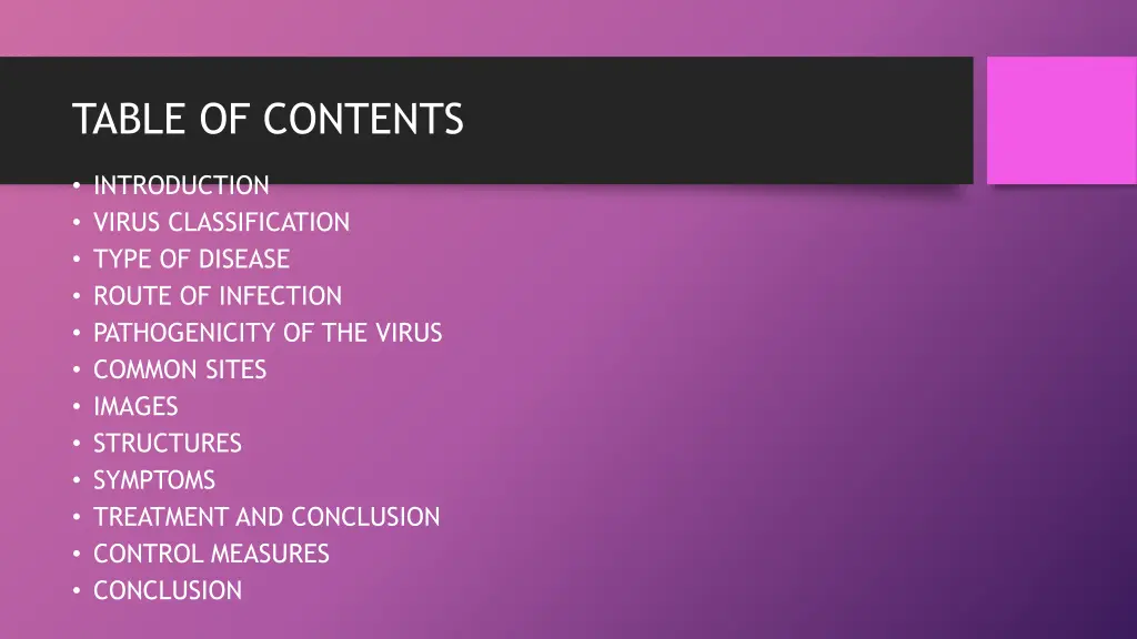 table of contents