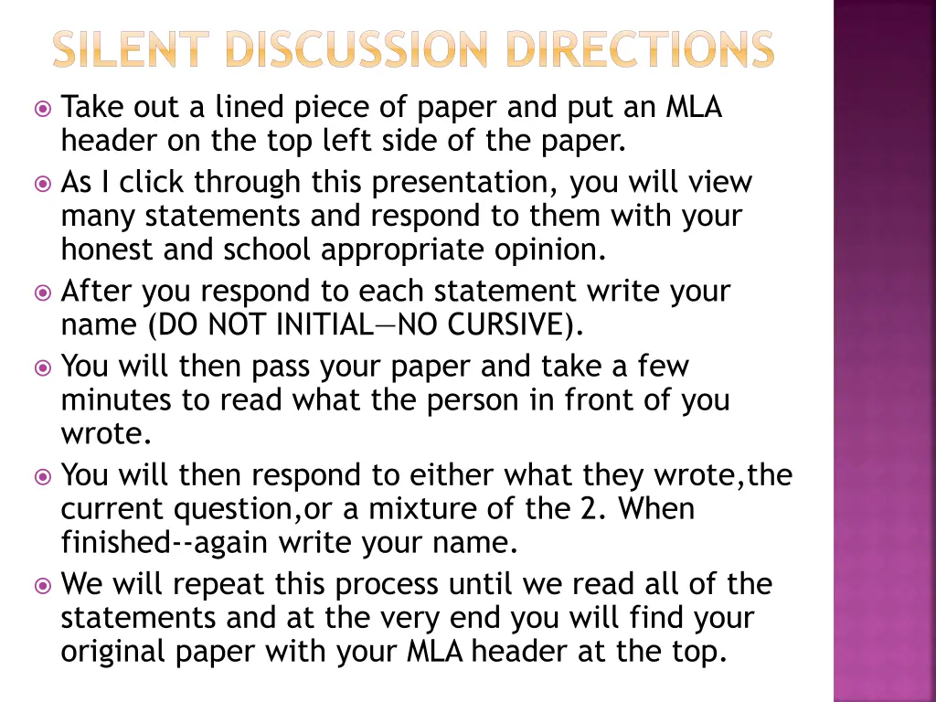 silent discussion directions take out a lined
