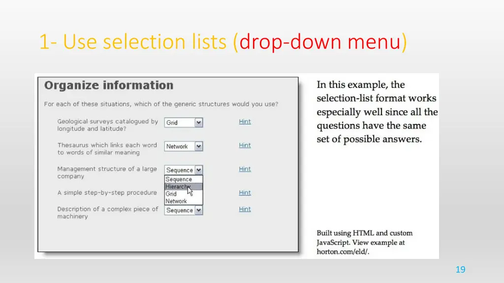 1 use selection lists drop down menu