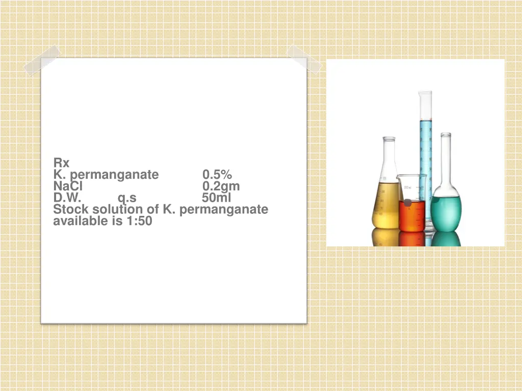 rx k permanganate 0 5 nacl d w q s stock solution