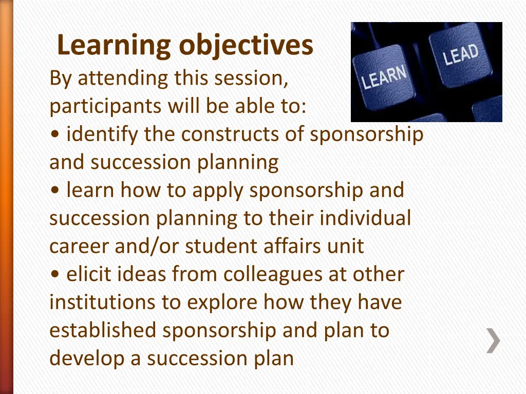 learning objectives by attending this session