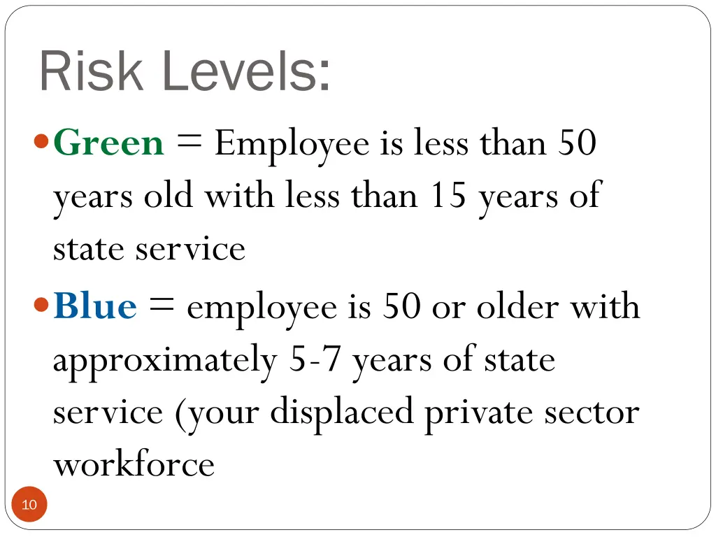 risk levels green employee is less than 50 years