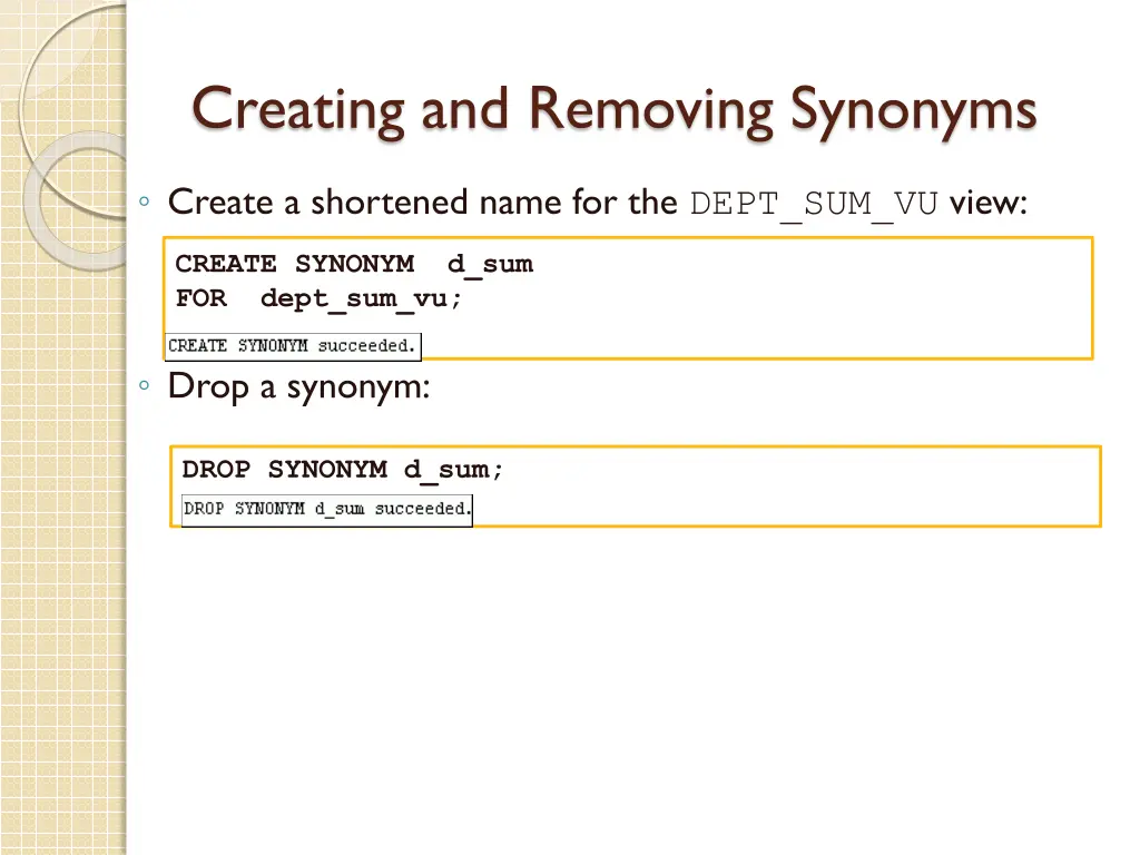 creating and removing synonyms