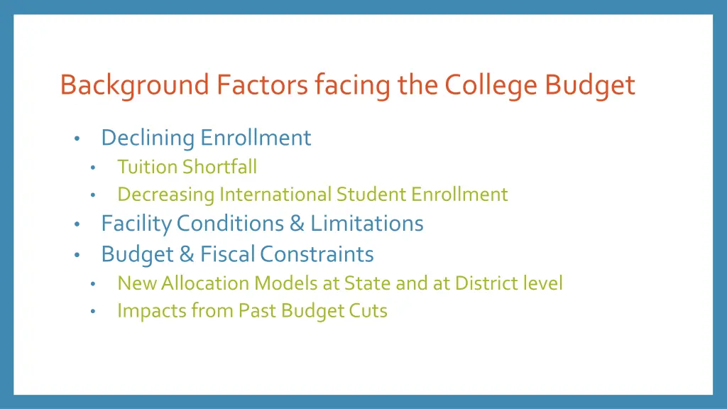 background factors facing the college budget