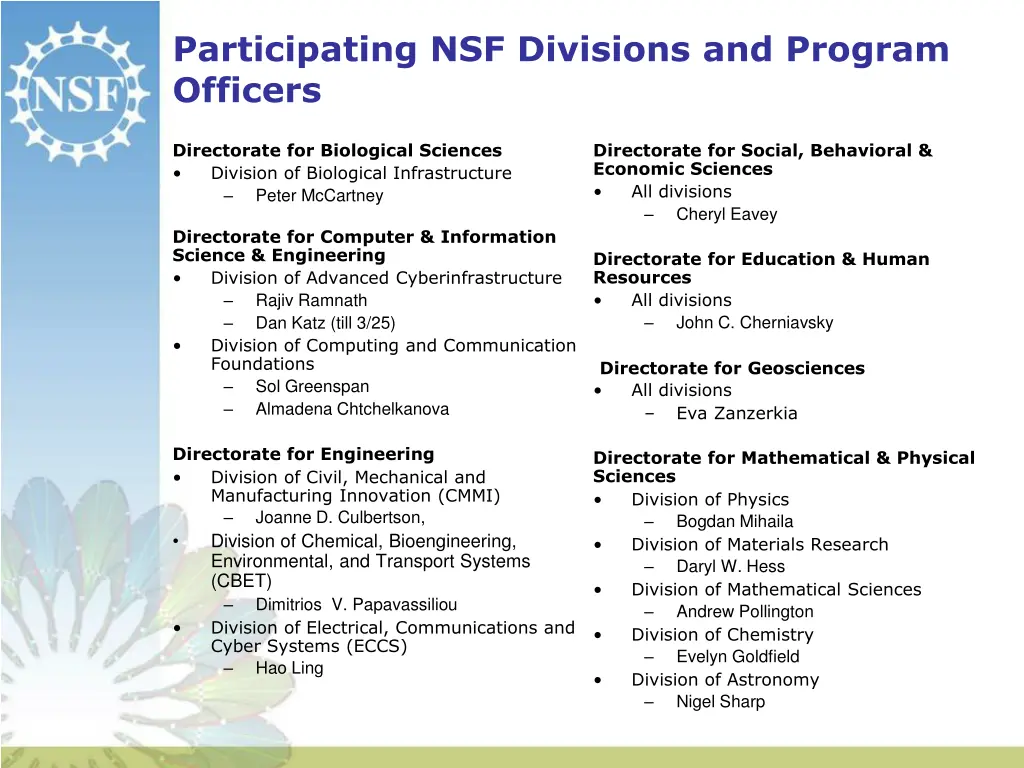 participating nsf divisions and program officers
