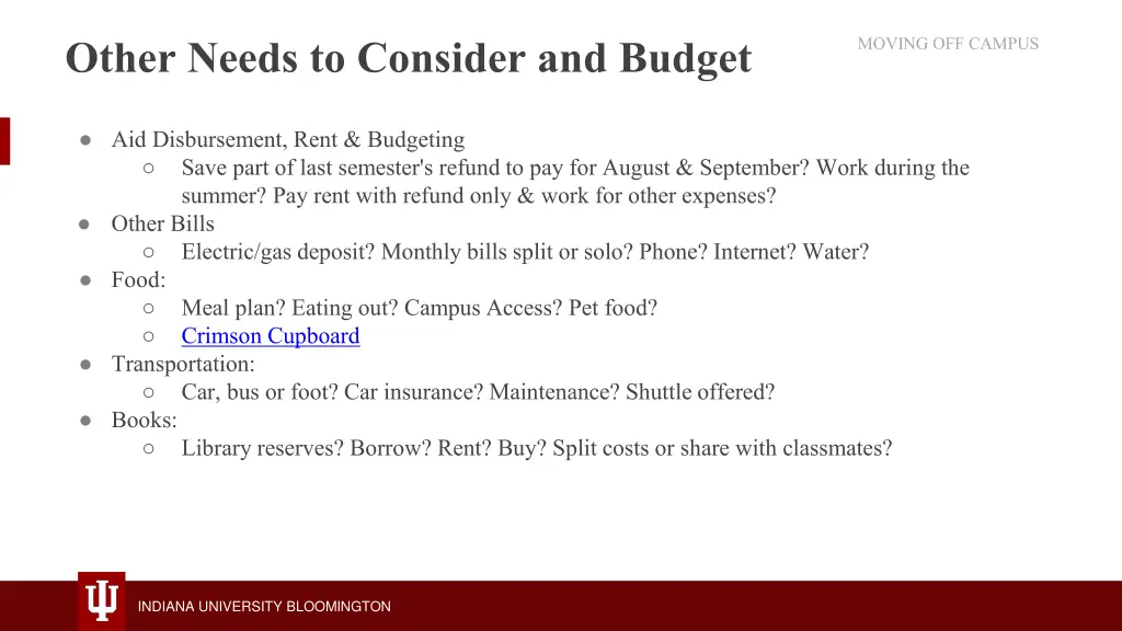 other needs to consider and budget