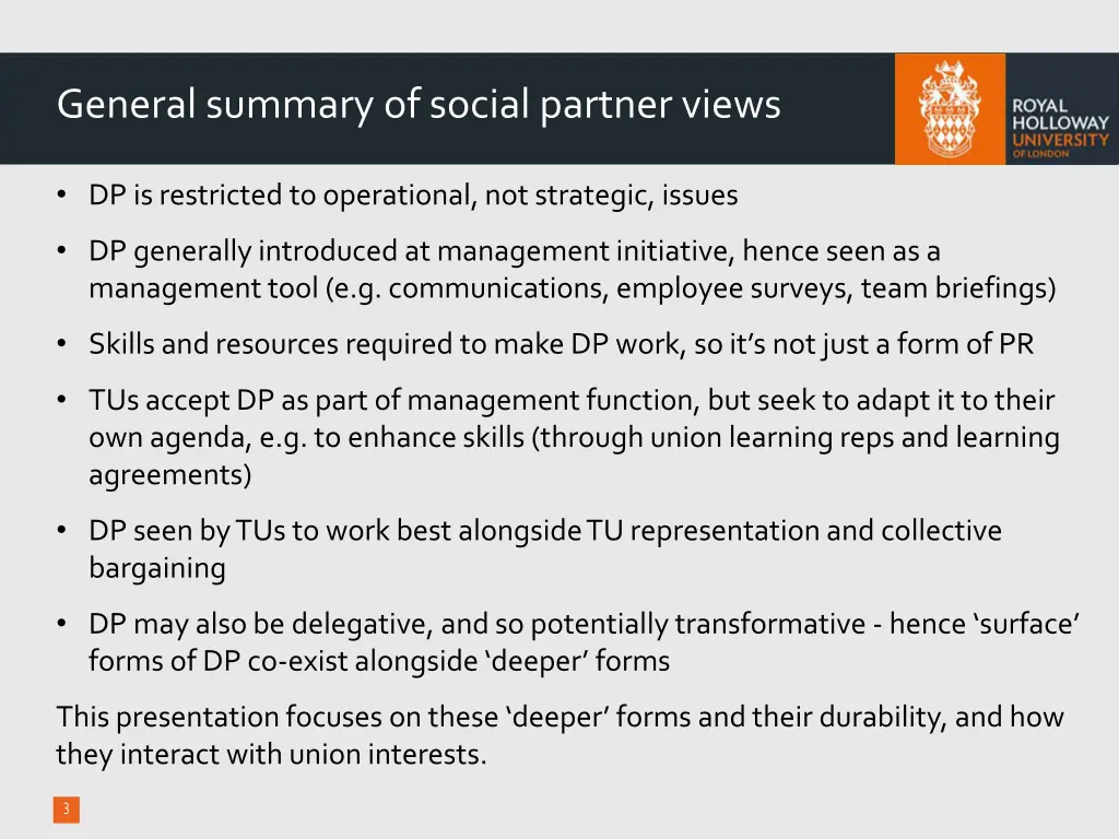 general summary of social partner views