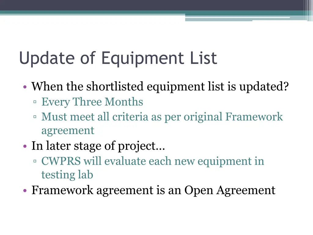 update of equipment list