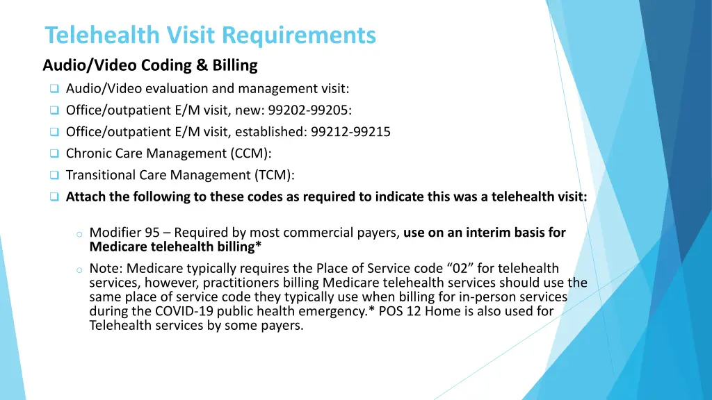 telehealth visit requirements audio video coding