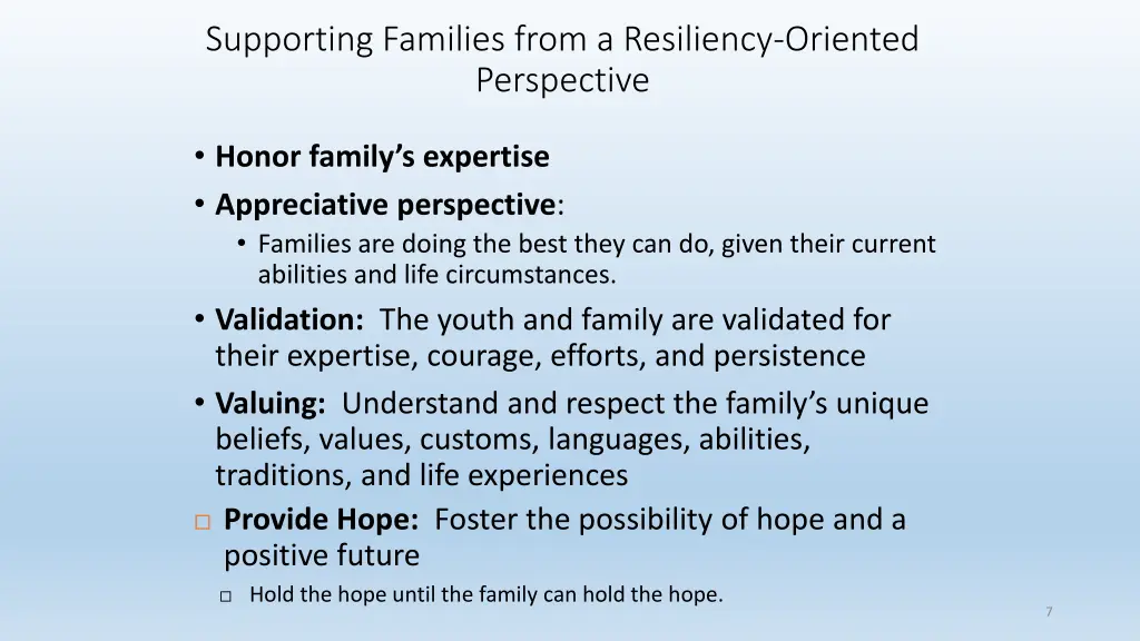 supporting families from a resiliency oriented