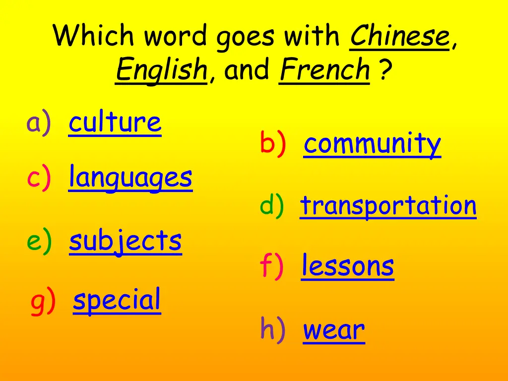 which word goes with chinese english and french