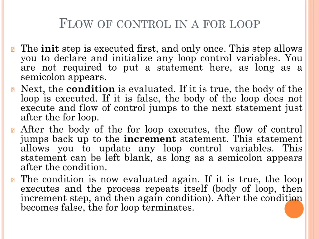 f low of control in a for loop