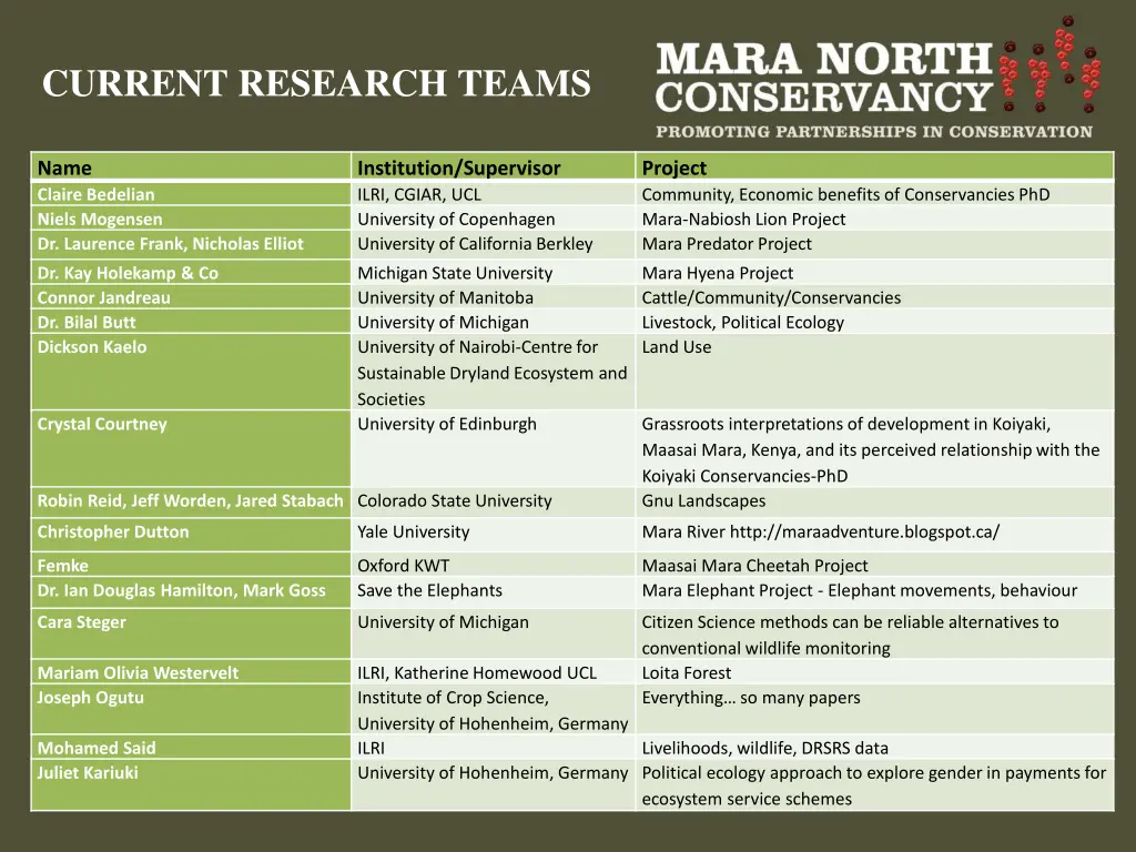 current research teams