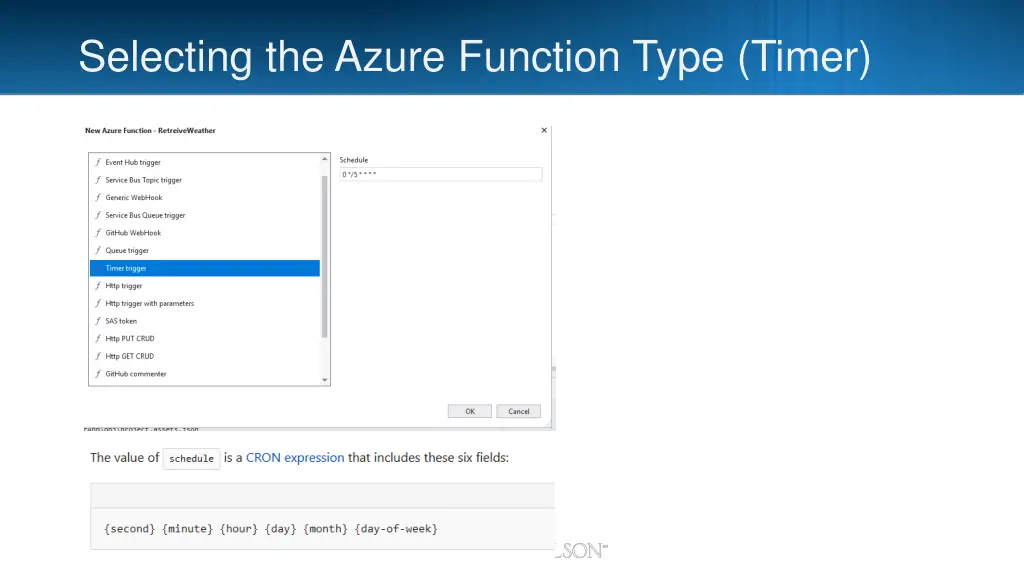 selecting the azure function type timer