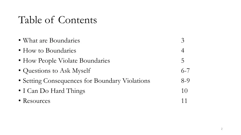 table of contents