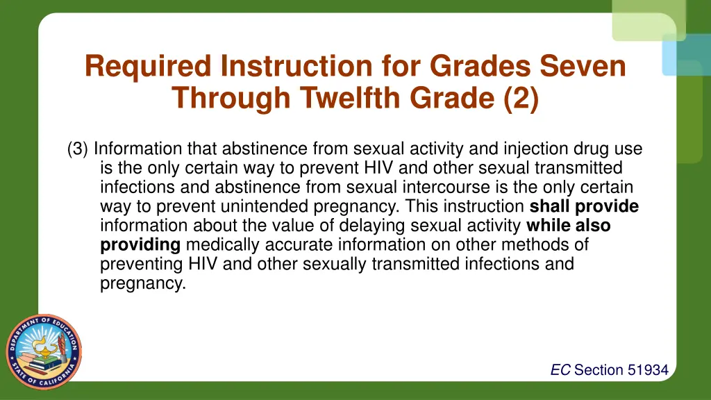 required instruction for grades seven through 1