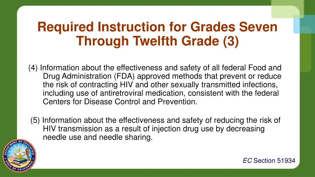 required instruction for grades seven through 2