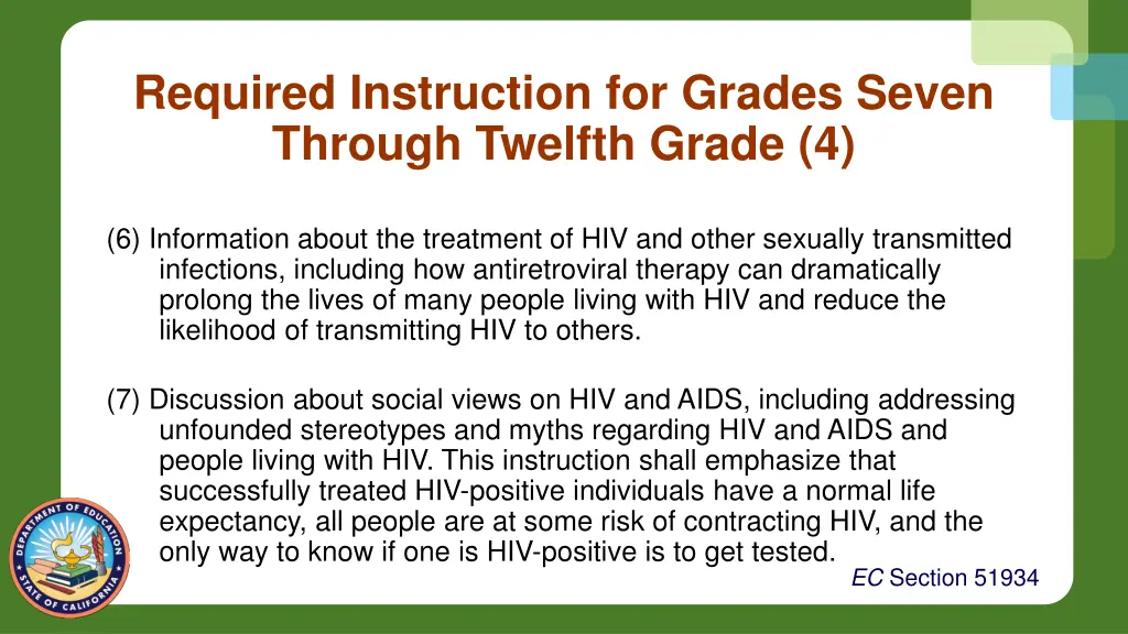 required instruction for grades seven through 3