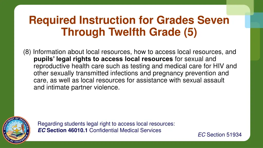 required instruction for grades seven through 4