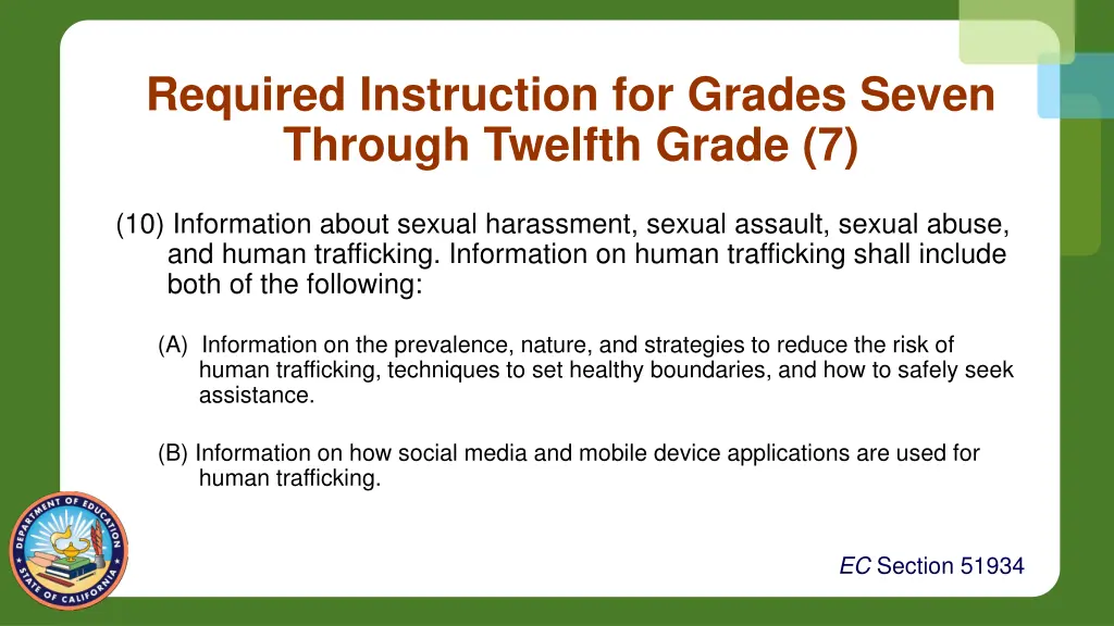 required instruction for grades seven through 6