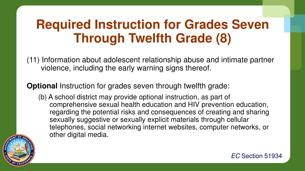 required instruction for grades seven through 7