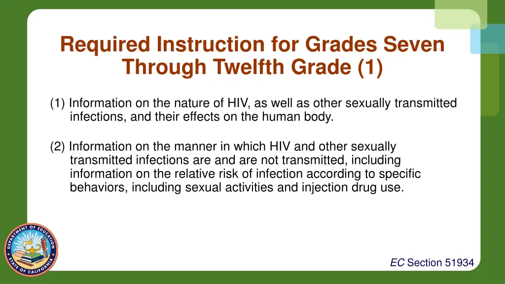 required instruction for grades seven through