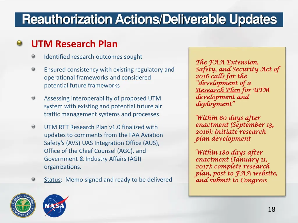 reauthorization actions deliverable updates