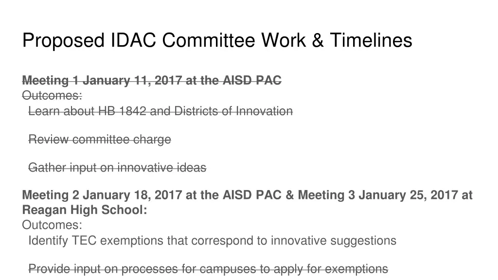 proposed idac committee work timelines