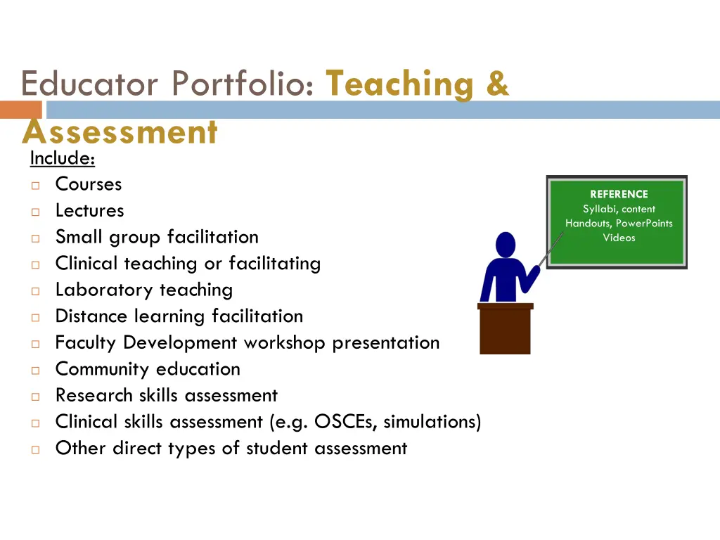 educator portfolio teaching assessment include