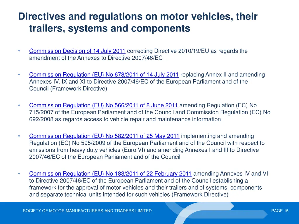 directives and regulations on motor vehicles